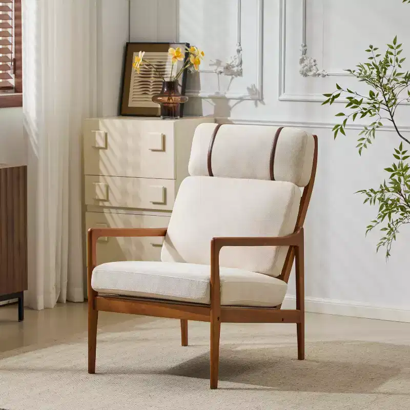 Mid Century Modern Accent Armchair with Solid Wood Frame and High Back, Beige Upholstery, for Reading Nook
