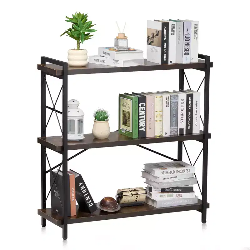 3-Tier Industrial Metal Bookshelf, Small Rustic Storage Display Bookcase with Open Shelves, Freestanding Vintage Shelving