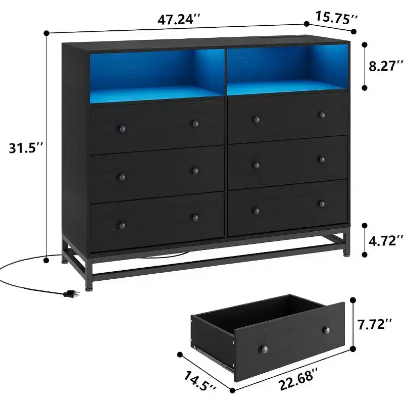 Wide Wood 6-Drawer Dresser w/ Plug-in USB Hub & LED Light, Steel Frame Storage Chest for Living Room, Bedroom, Entryway