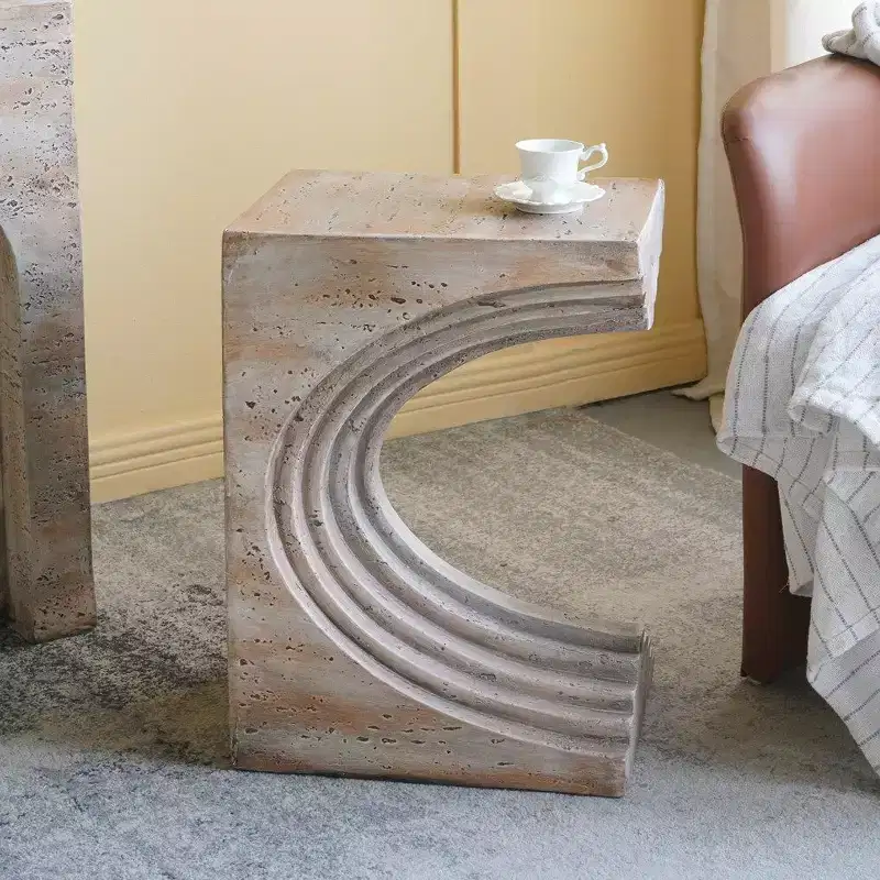 Modern Lightweight Sculptural Arched Side Table with Faux Travertine Finish