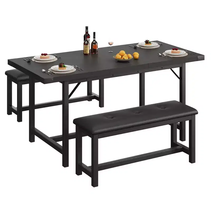 Dining Table Set for 4-6,63 Extendable Kitchen Table & Bench,Metal Frame Rectangle Table Set with 2 Upholstered Benches for Dining Room,Apartment