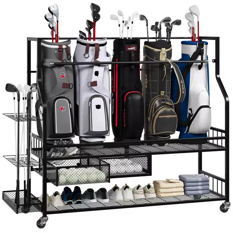 Movable Golf Bag Organizer, All In One Golf Bag Storage Garage Organizer, Sports Equipment Organizer, Golf Bag Storage Garage Organizer with Baskets