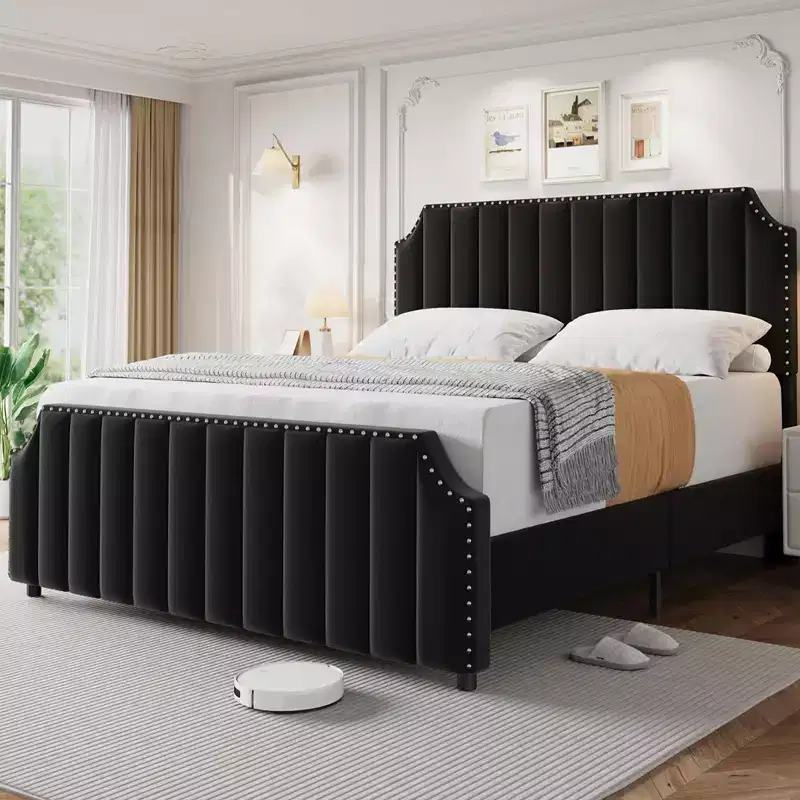 King Size Bed Frame with Velvet Upholstered Headboard, Rivet Decor, Strong Wood Slats, No Box Spring Needed, Easy Assembly