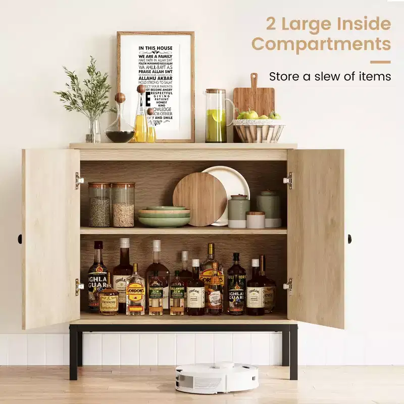 Sideboard Buffet Cabinet, 2 Pack Beige Accent Storage Cabinets with Rattan Doors, Metal Feet for Home