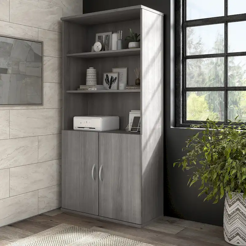 Tall 5-Shelf Bookcase with Cabinet Doors – Adjustable Shelves, Wall Anchor