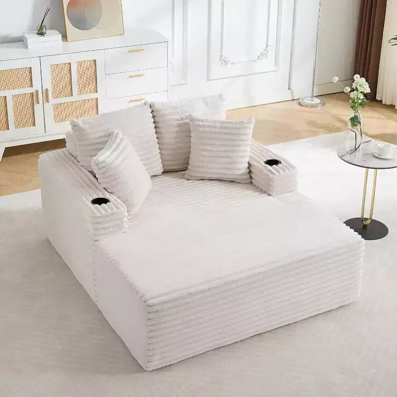 64 Oversized Chaise Lounge Chair, Corduroy Boneless Sofa Bed with 2 Pillows & 2 Cup Holders, No Assembly, Beige/Gray/Green/Black
