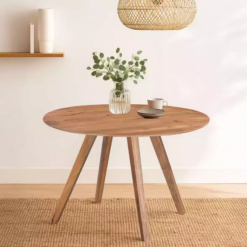 Royal Hampton Dining Table | 47 Round Top | Handmade Natural Brown Mango Wood | Angled Four Legged Base