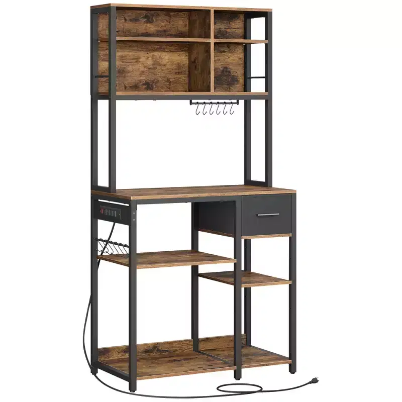 Bakers Rack with Charging Station - Coffee Bar, Adjustable Shelves, Fabric Drawer & 12 Hooks