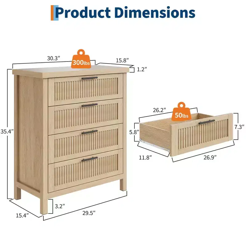 Living Room Fluted 4 Drawers Dresser for Bedroom, 35.4 in Tall Chest of Dressers for Closet, 4 Fluted Drawers w/ Metal Handle, Clothes Storage Cabinet