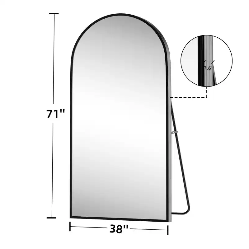 Black Full-Length Right-Angled Arched Mirror with Thin Edge in Aluminum Alloy, 180x96x1.5cm (With Bracket)