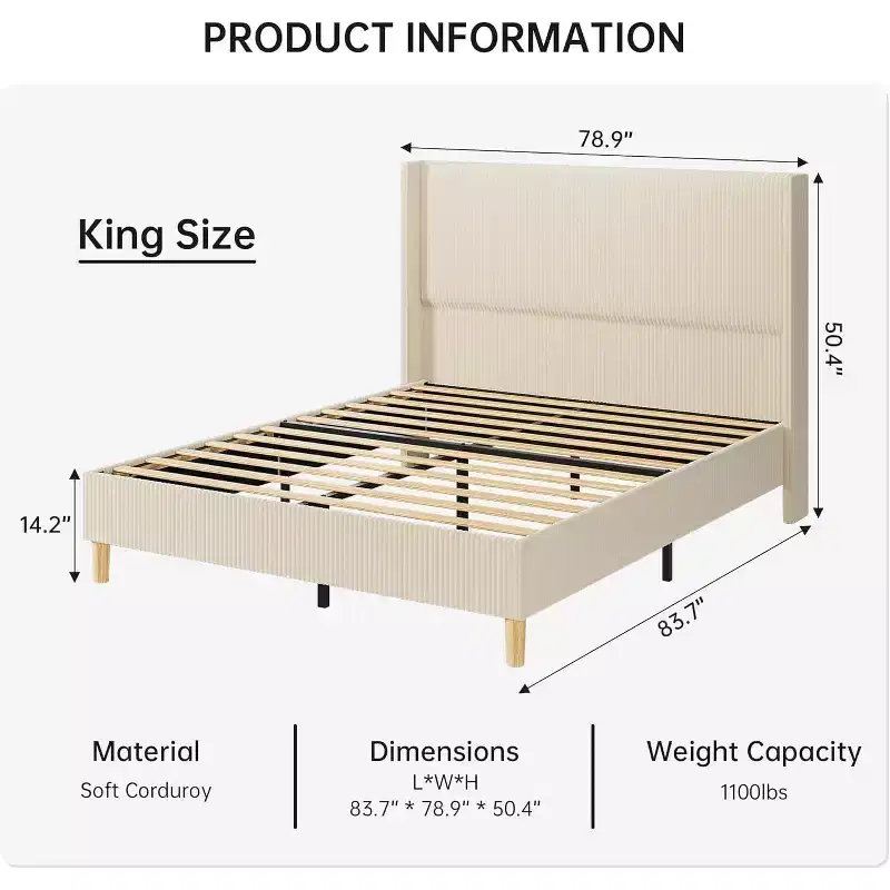 King Bed Frame, Upholstered Platform Corduroy Bed Frame with Vertical Channel Tufted Wingback Headboard, Strong Wooden Slats, Easy Assembly, Beige