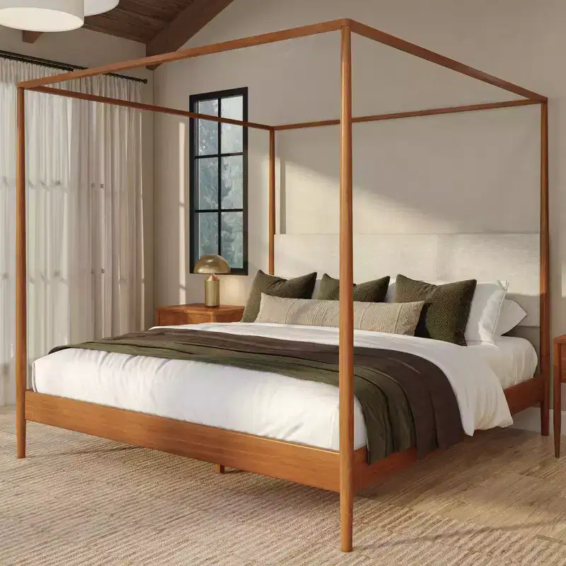 Harbor King Canopy Bed with Upholstered Headboard, Blonde/Swiss Coffee (MD2411-01)
