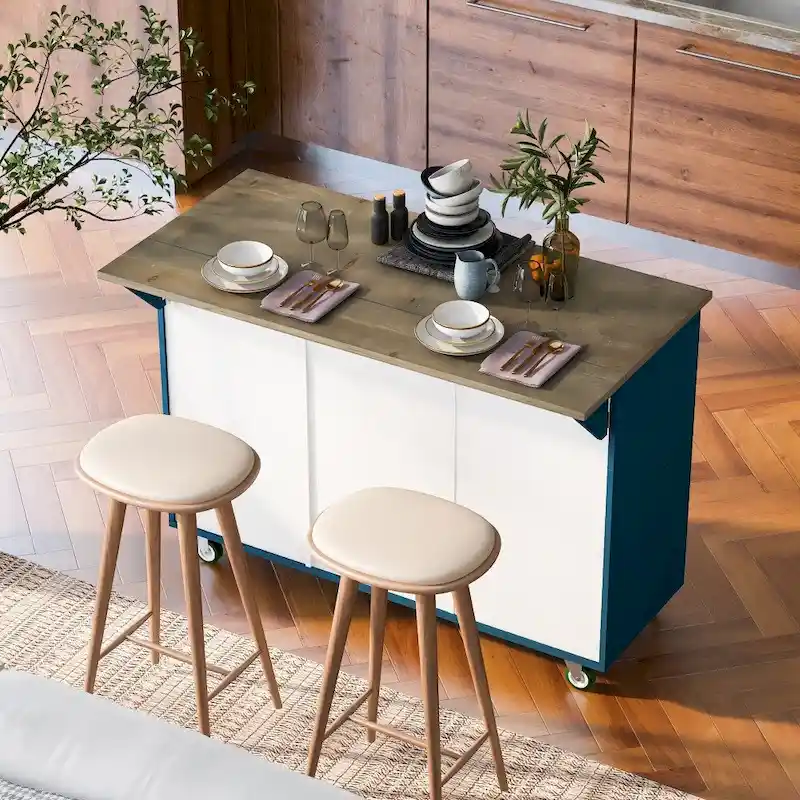 Retro MDF Kitchen Island on Wheels with Drop Leaf and Towel Rack