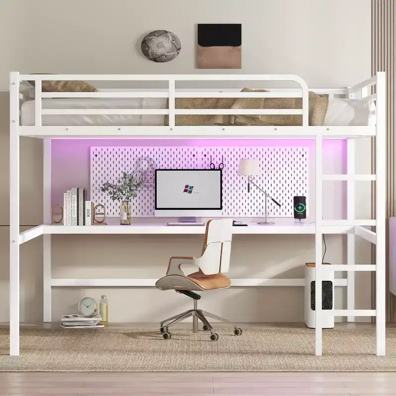 Bellemave Metal Queen Size Loft Bed with Power Outlet and LED Lighted, Space-Saving, Noise Reduced, White