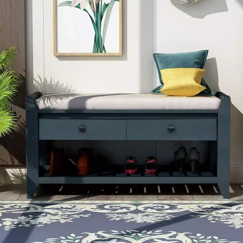 39 Storage Bench with 2 Drawers & Open Shoe Rack, Entryway Bench with Cushioned Seat