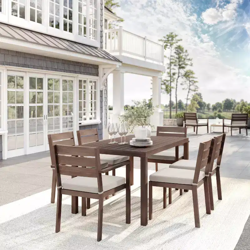 Martha Stewart Bedford Indoor-Outdoor Patio Set with 62 Table and 6 Dining Chairs with Brushed Woodgrain Aluminum Finish and All-Weather Seat Cushion