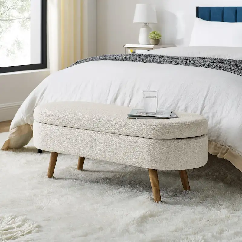 GDFStudio - Emma Linen Pleated Storage Ottoman Bench with Durable Rubberwood Legs
