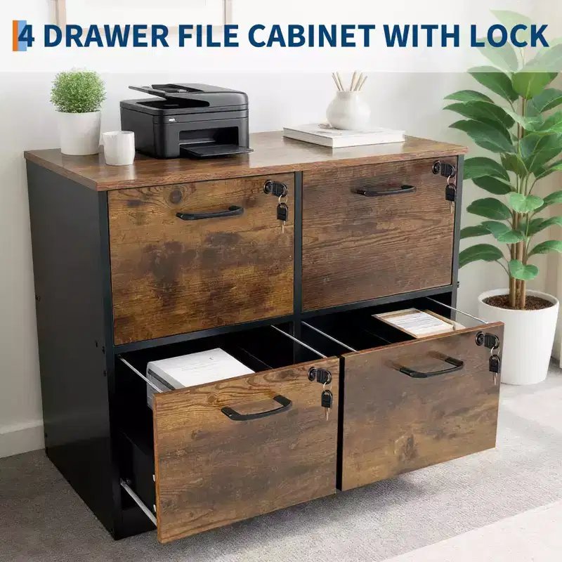 4 Drawer File Cabinet with Lock, Wooden Locked File Cabinets Printer Stand for Home Office, Lockable Filing Cabinet for Letter/A4 Size Files