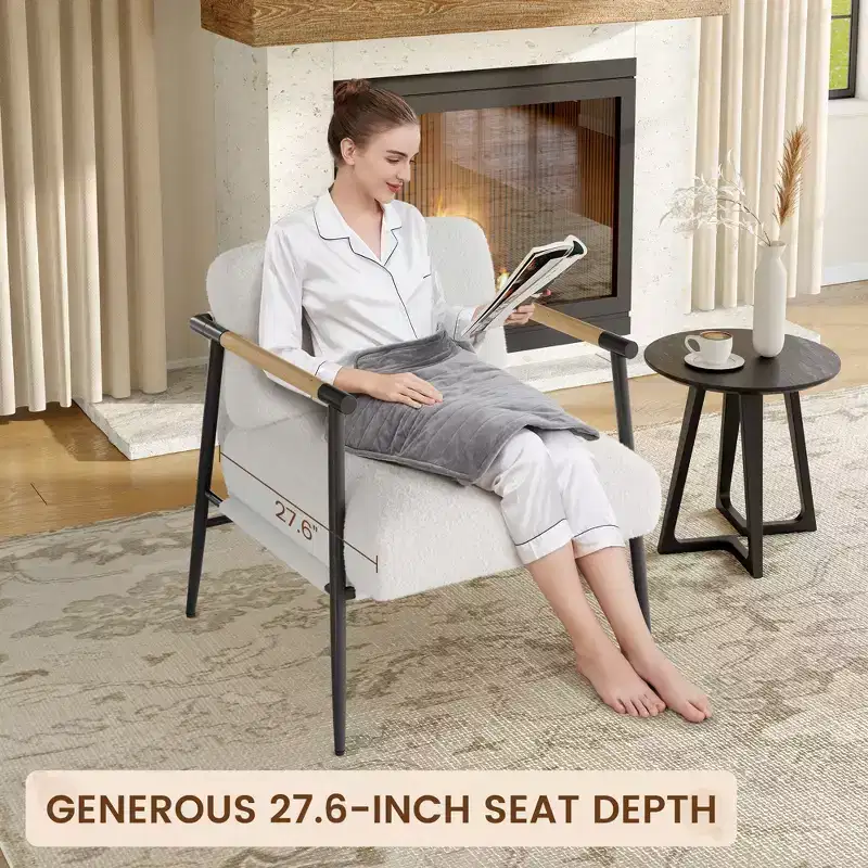 Modern Accent Chair, Cozy Reading Chair Upholstered in Plush 420g Fabric, with Spring Foam Cushion, for Bedroom and Living Room, White