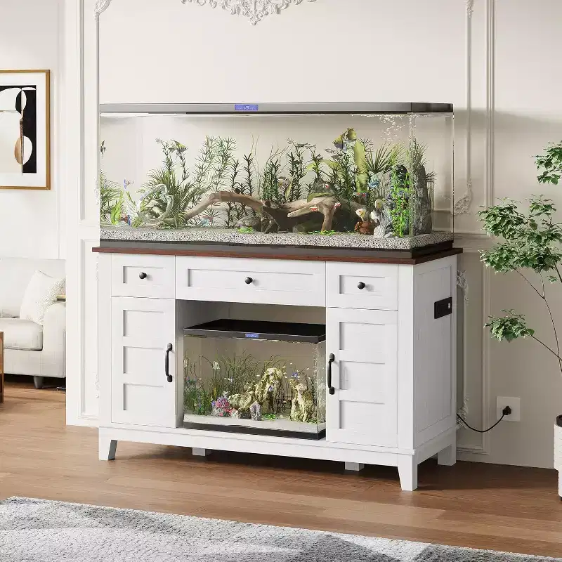 55-75 Gallon Aquarium Stand with Power Outlet, 3 Drawers & Cabinets, 1400 lbs, Farmhouse