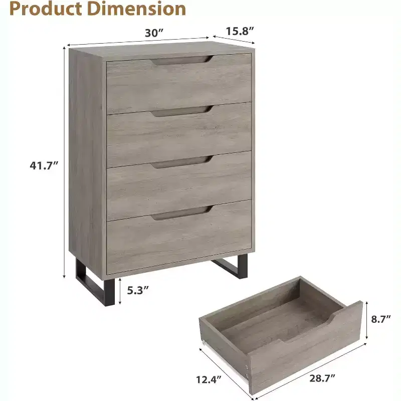 4 Dresser for Bedroom, 41.5 Tall Dresser, Freestanding Vertical Drawer Cabinet, Wooden Closet Storage Chest for Living Room, Hallway