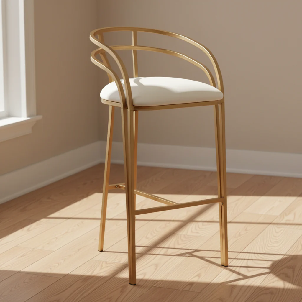 Gold Metal Bar Stool 30 High Modern White Upholstered Fabric Cushion with Low Backrest Footrest for Kitchen Counter Height