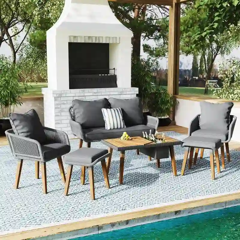 6-Piece Rope Patio Furniture Set with Acacia Wood Cool Bar Table