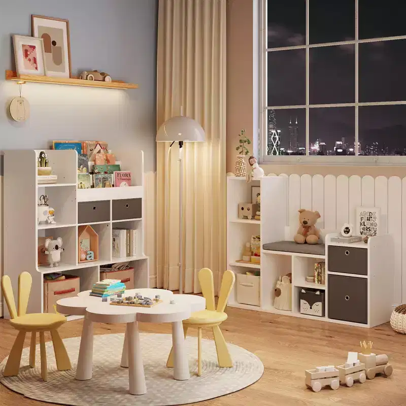 Kids Bookshelf, 44.1 Children Bookcase with Soft Cushion Seat Children's Toy Storage Cubby, Kids Storage Cabinet