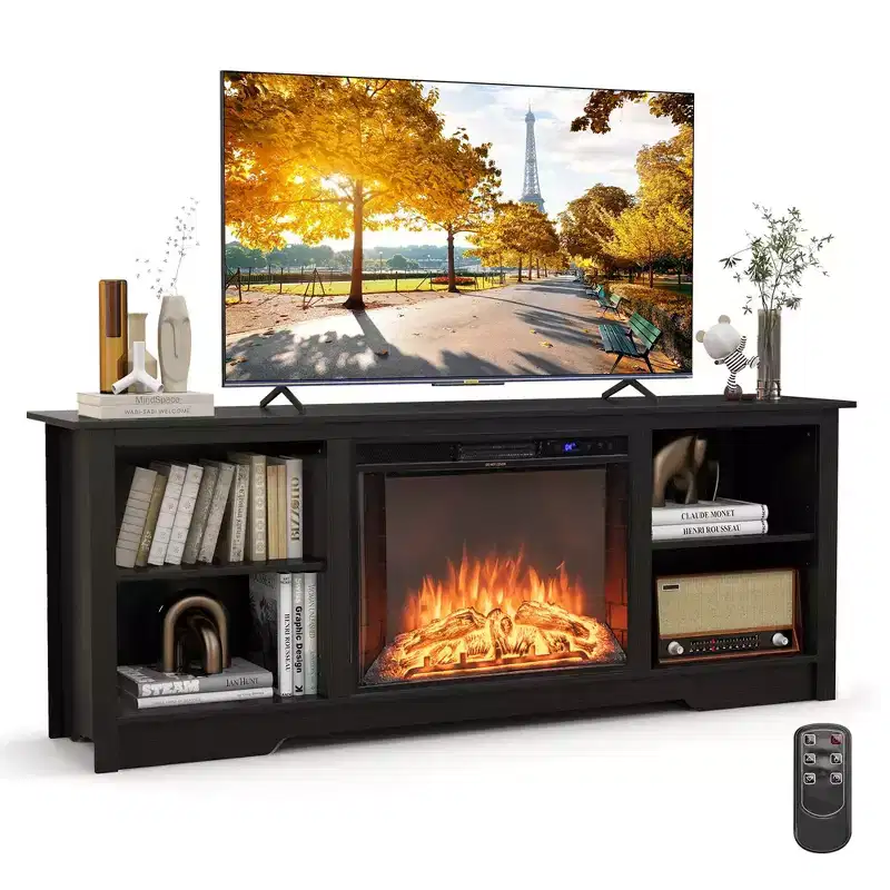 70 TV Stand with 26 Electric Fireplace Insert Remote Control for 75 TV Walnut/Black/Grey