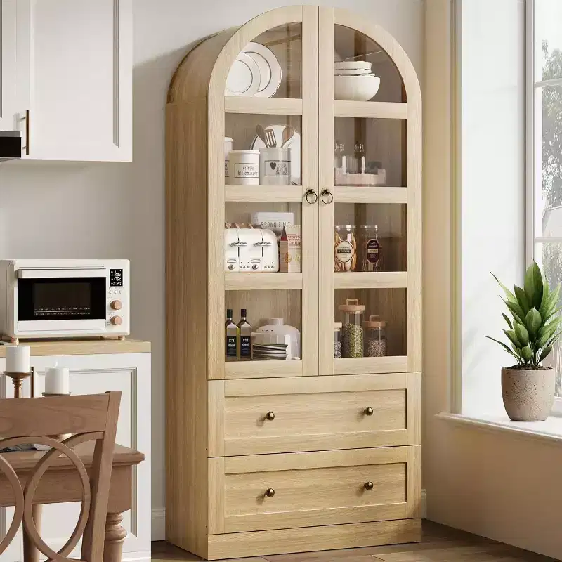 72-Inch Tall Modern Farmhouse Pantry Cabinet with Arched Doors and Drawers, Large Wood Storage Cabinet with Thickened Shelves, Ideal for Kitchen