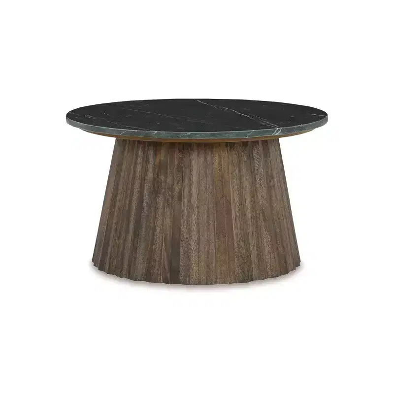 Round Coffee Table with Marble Top, Black/Brown