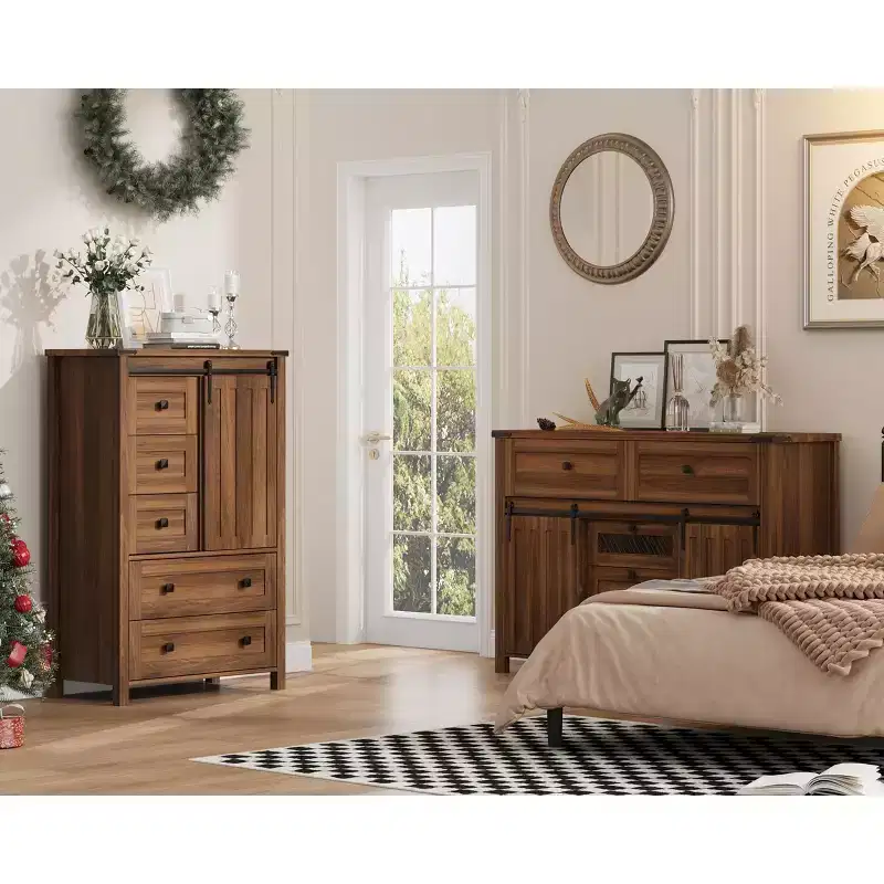 Farmhouse 5-Drawer Dresser with Sliding Barn Door, 48 Tall Wood Chest of Drawers with Adjustable Shelf for Bedroom, Entryway, Living Room  White