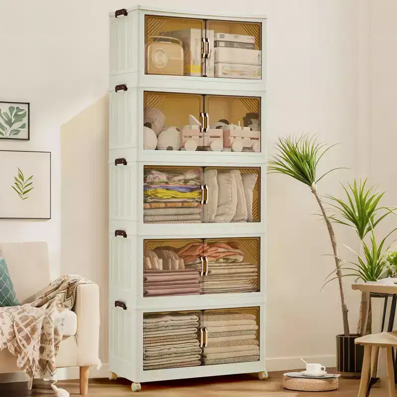 Stackable Storage Bins with Lids, Plastic Storage Drawers with Magnetic Doors and Wheels, Foldable Collapsible Closet Organizers, for Home, Dorm