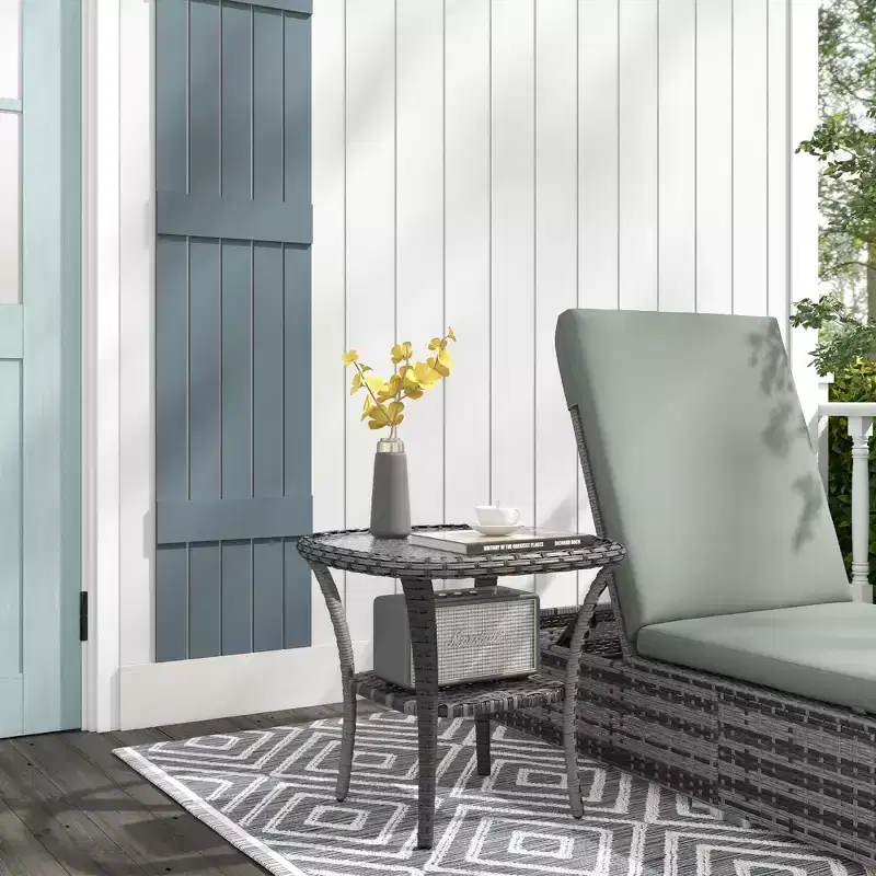 Outdoor Wicker Coffee Table with Storage Shelf – Hand-Woven Side Table with Water-Ripple Glass Top