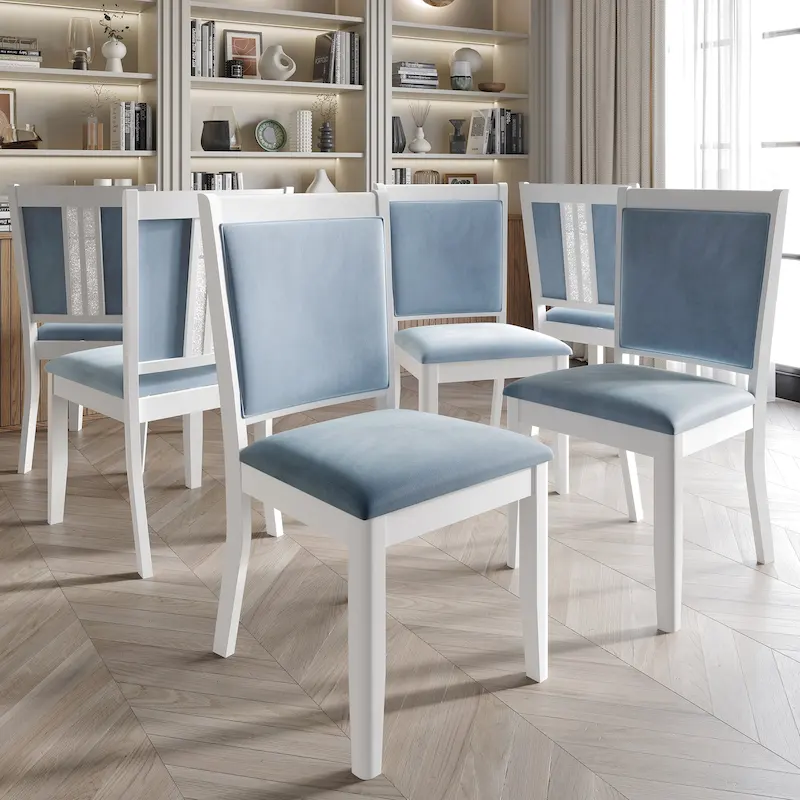 Crystal Diamond Strip Velvet Dining Chairs Set of 6 – Light Blue, White Frame
