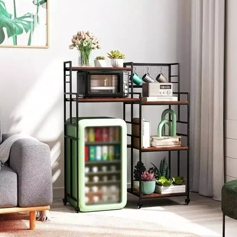 Fridge Shelf with Wheels 5 Tier Kitchen Bakers Rack Adjustable Microwave Oven Stand Table with Storage Fridge Stand