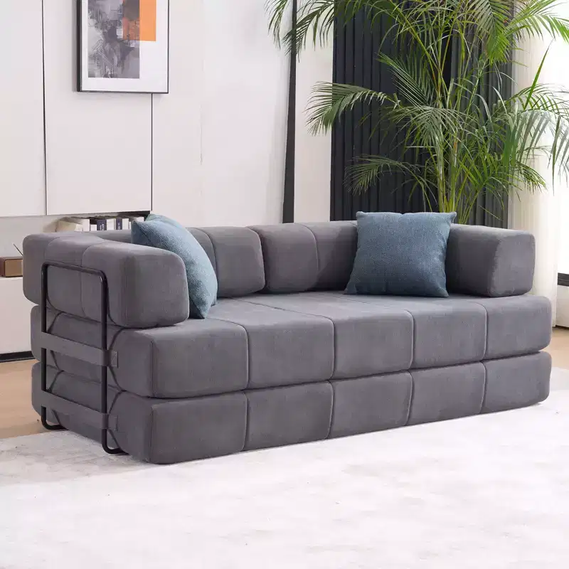 Convertible Sofa Bed, Corduroy Floor Couch Sleeper with 2 Pillows & Metal Arms, High-Density Foam Guest Bed, Gray