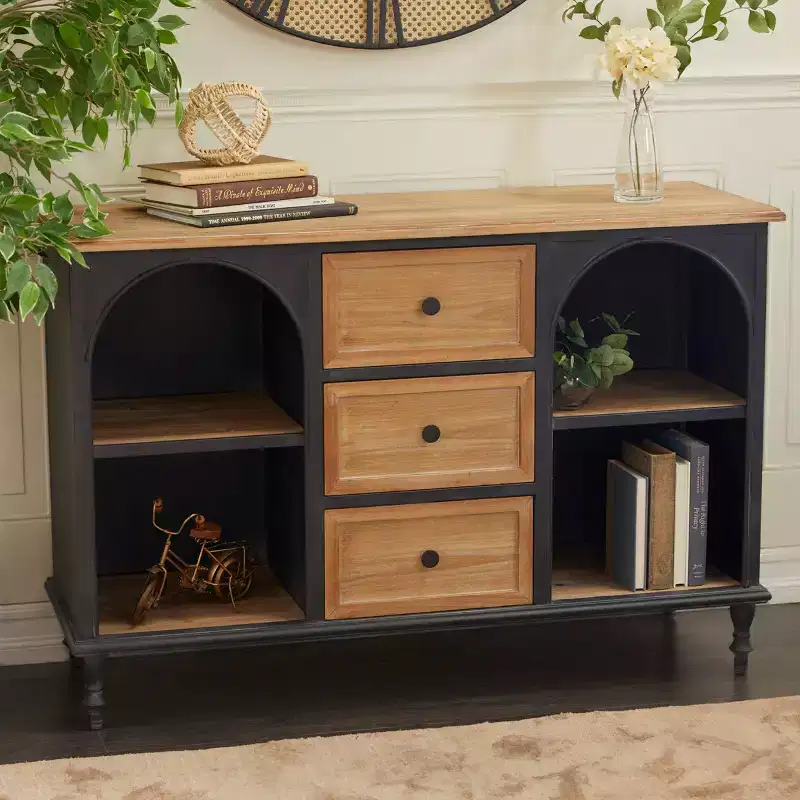 Farmhouse Wood and Metal Cabinet Black - Chic Storage, 3 Drawers, 4 Shelves, No Assembly Required