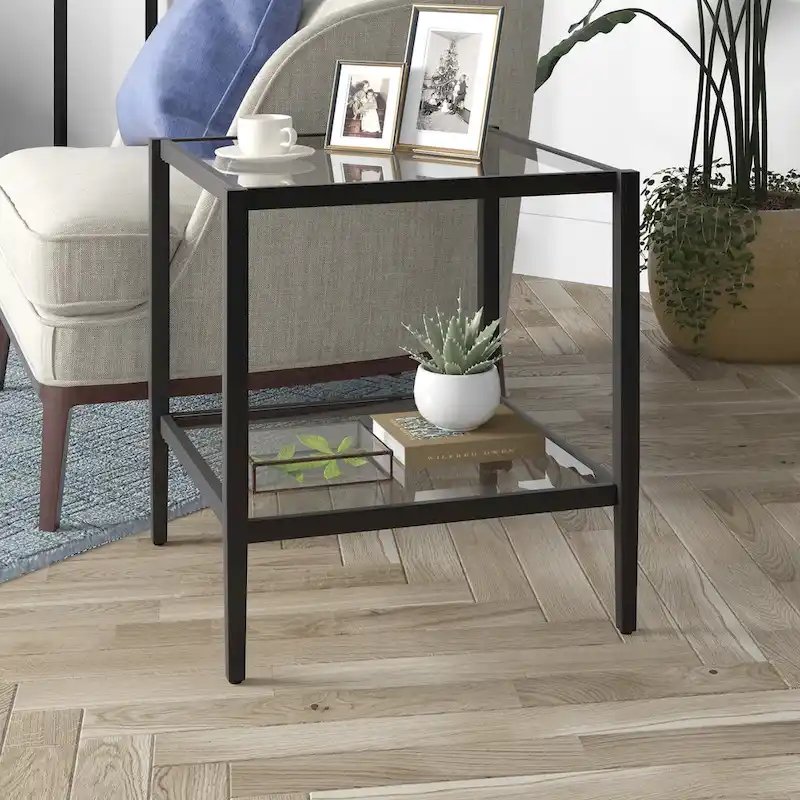 20-Inch Square Side Table with Tempered Glass Top and Shelf