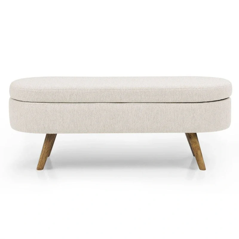 43-Inch Oval Upholstered Storage Bench - Beige Linen