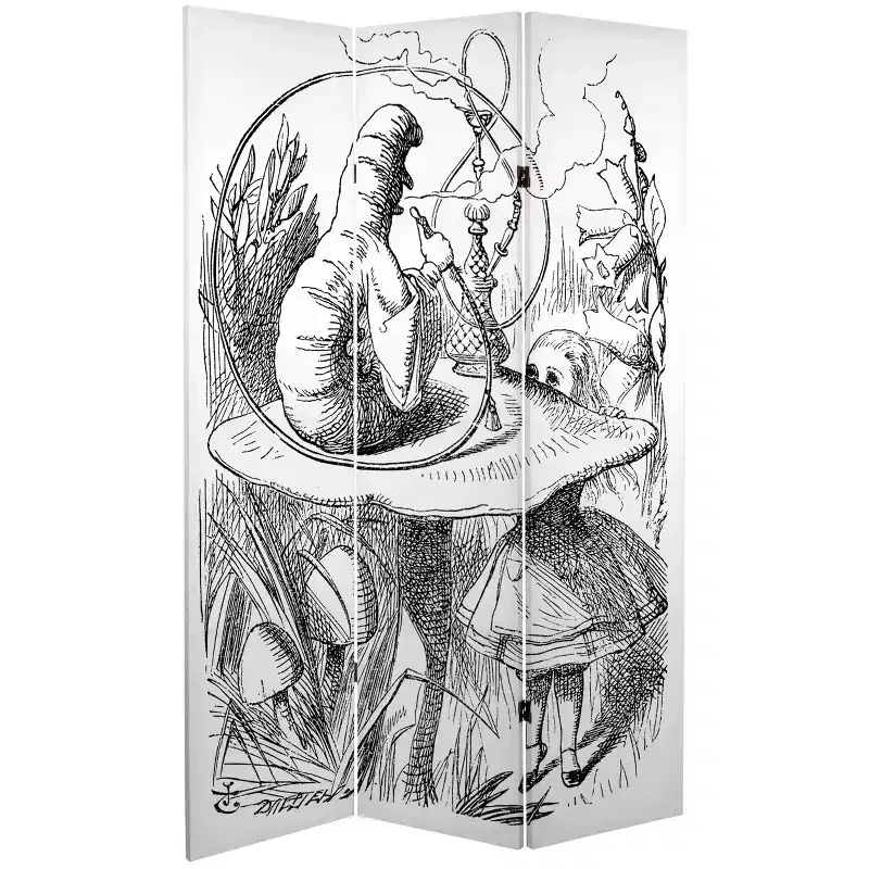 71" Double Sided Alice in Wonderland Canvas Room Divider White - Oriental Furniture: Adjustable Folding Partition