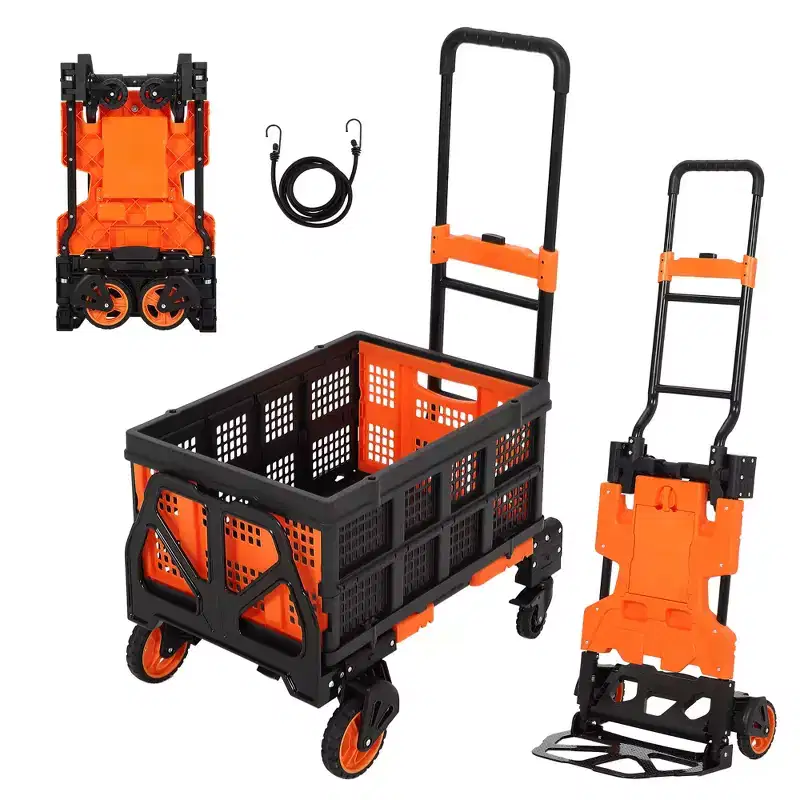 2-in-1 Folding Trolley, Portable Cart with Foldable Basket, 1 Bungee Cord, 4 Wheels and Retractable Handle for Kitchen and Office Use, 330lb Capacity