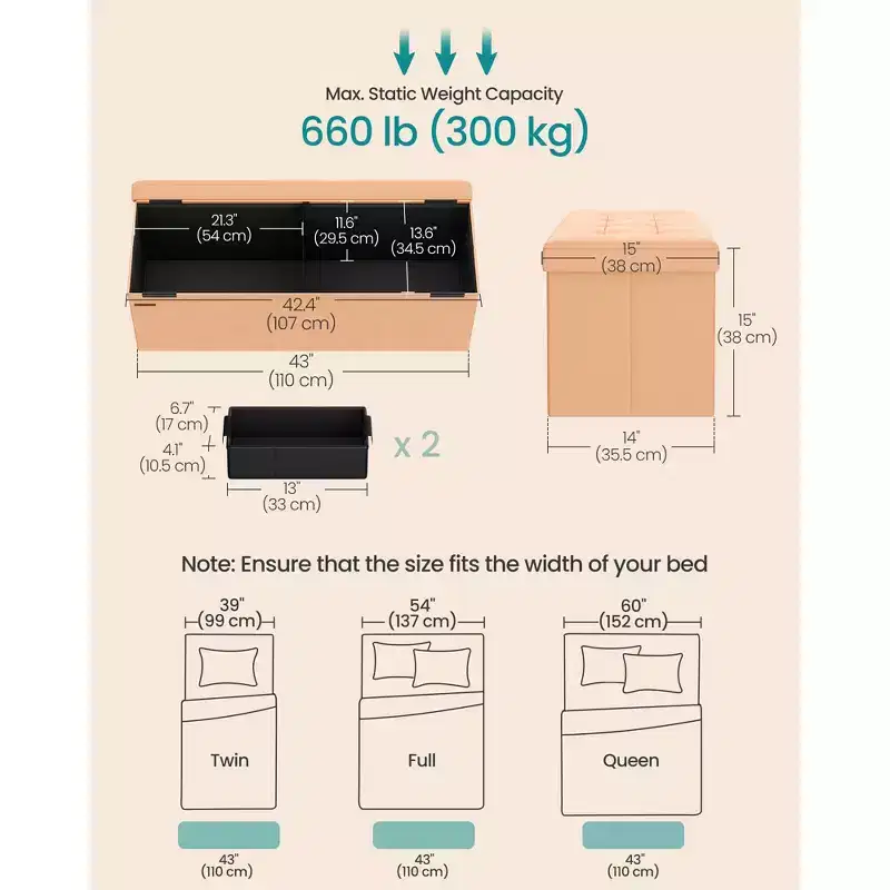 SONGMICS Storage Ottoman Bench Folding Storage Footrest 2 Extra Storage Boxes Hold up to 660 lb