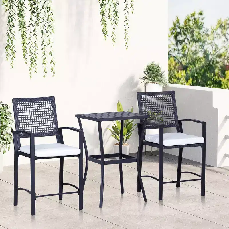 3pcs Patio Bar Set with Soft Cushion, Rattan Wicker Outdoor Furniture Set for Backyards, Lawn, Deck