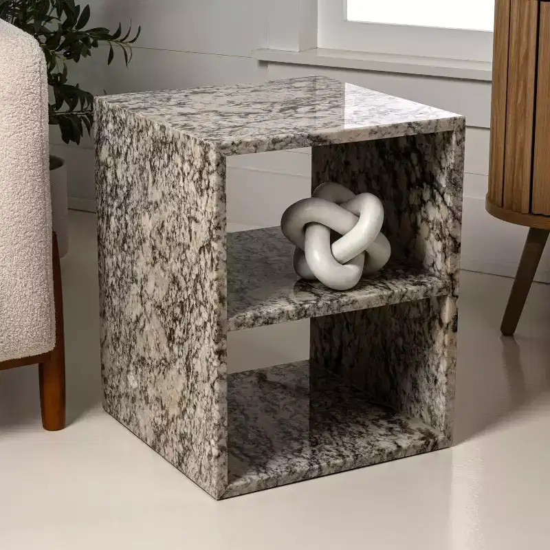 Natural Marble End Table with 2 Shelves, Handmade, Modern Square, 16