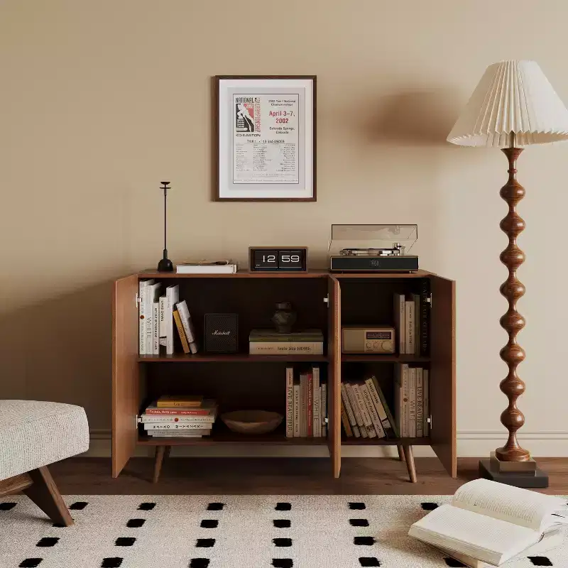 GDFStudio Hobson Modern 47 Rattan and Solid Wood Decorative Storage Cabinet with Doors and Shelves