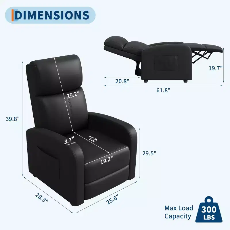 PU Leather Recliner Chair, Lazy Single Seater with Side Pocket, Tall Back & Wide Padded Arms, Home Theater Seat for Living Room, Bedroom