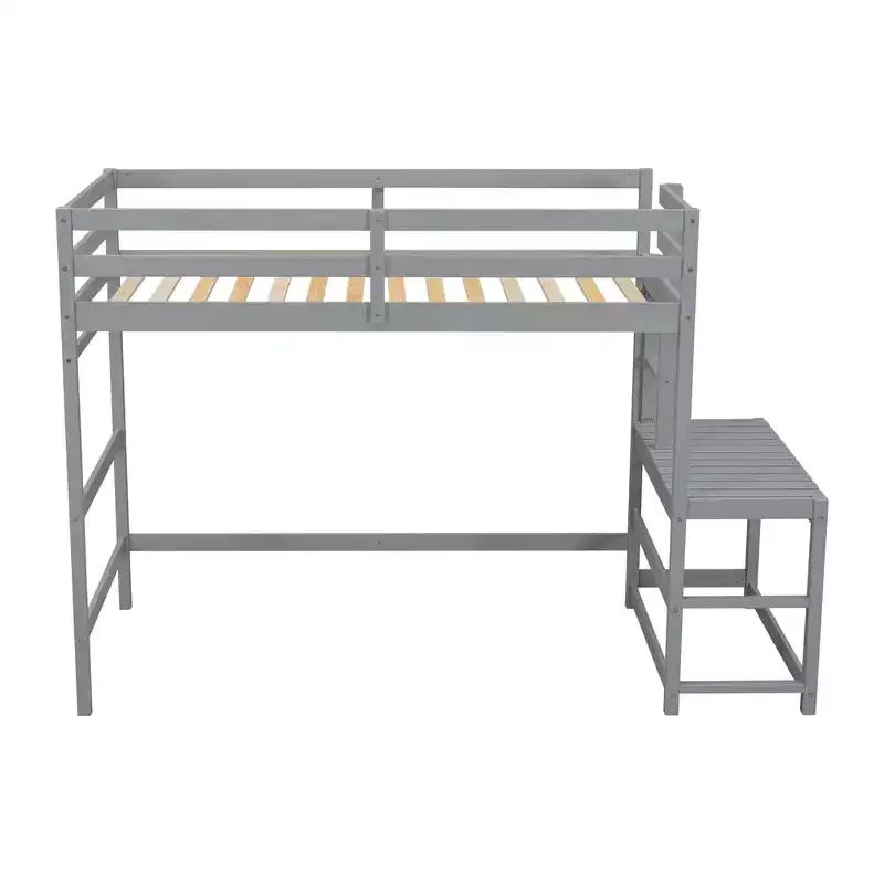 Twin Loft Bed with Stairs, Space-Saving Kids Bed Frame, Ladder Platform, Guardrail, No Box Spring Needed