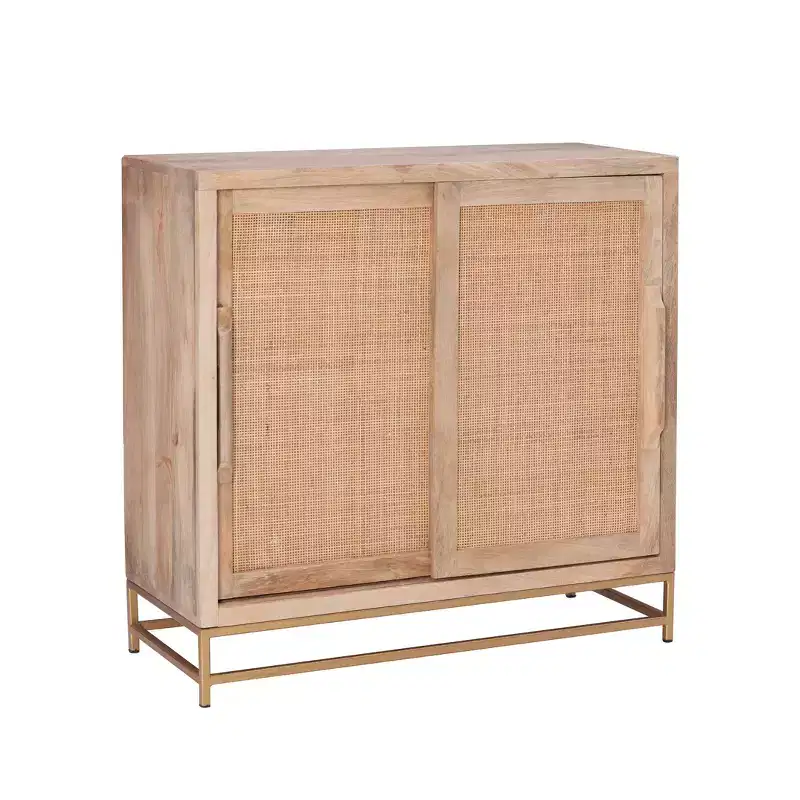 Gordon Transitional Sliding Natural Cane Door Cabinet with 1 Shelf and Gold Metal Base - Powell