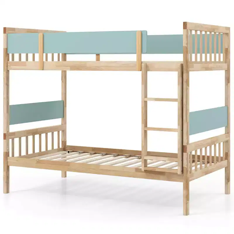 Costway Twin Over Twin Bunk Bed Solid Wood Bed Frame with Ladder Full-length Guardrails White/Natural